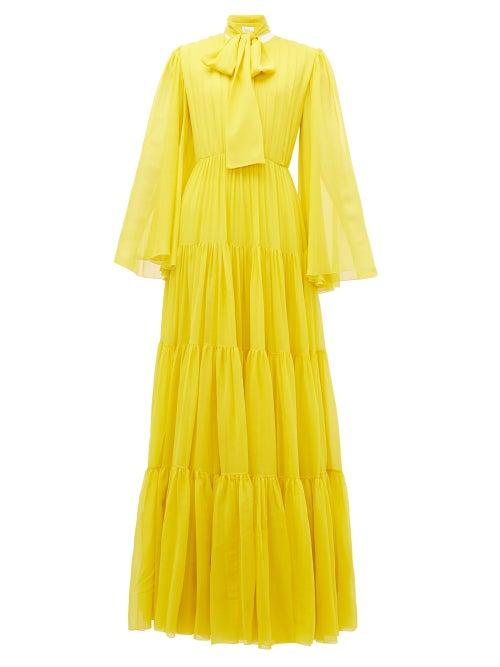 Matchesfashion.com Giambattista Valli - Pussy-bow Tiered Silk Gown - Womens - Yellow