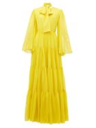 Matchesfashion.com Giambattista Valli - Pussy-bow Tiered Silk Gown - Womens - Yellow