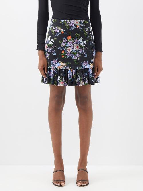 Paco Rabanne - Ruffled Floral-print Jersey Skirt - Womens - Black Floral