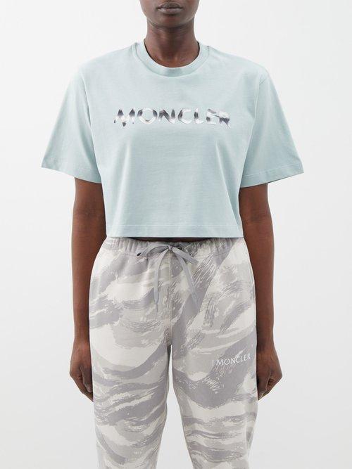 Moncler - Logo-print Cropped Cotton T-shirt - Womens - Light Green