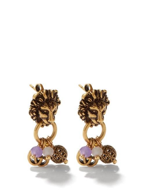 Ladies Jewellery Gucci - Lion Head Beaded Gg-logo Drop Earrings - Womens - Gold Multi