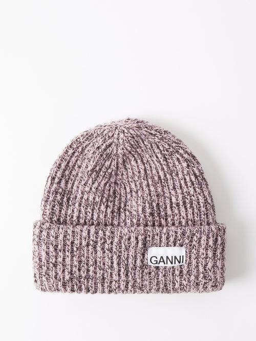 Ganni - Logo-patch Ribbed Wool-blend Beanie Hat - Womens - Light Pink