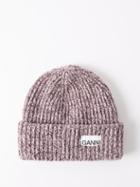 Ganni - Logo-patch Ribbed Wool-blend Beanie Hat - Womens - Light Pink