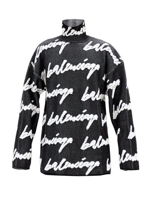Matchesfashion.com Balenciaga - High-neck Scribble Logo-intarsia Sweater - Mens - Black