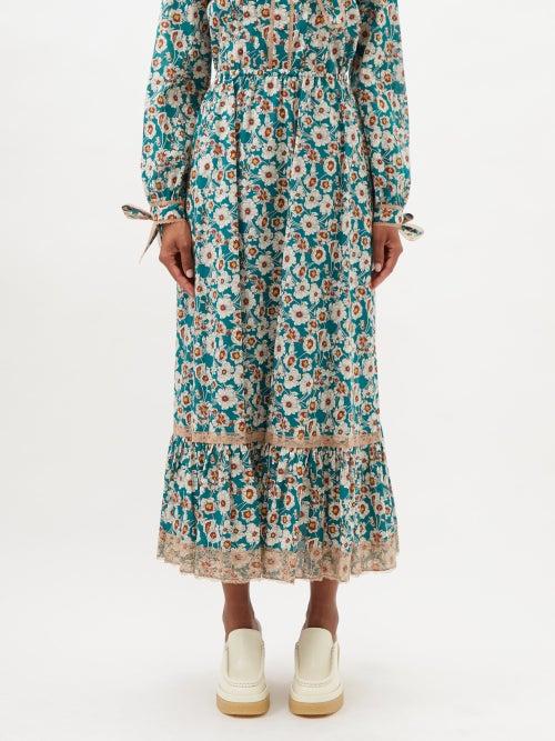 Gucci - Lace-trim Floral-print Cotton Midi Skirt - Womens - Blue Multi