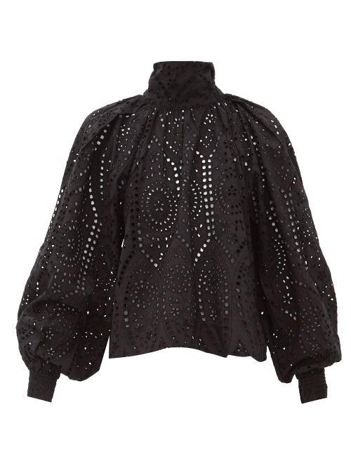 Matchesfashion.com Ganni - Tie Neck Broderie Anglaise Cotton Blouse - Womens - Black