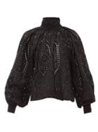Matchesfashion.com Ganni - Tie Neck Broderie Anglaise Cotton Blouse - Womens - Black