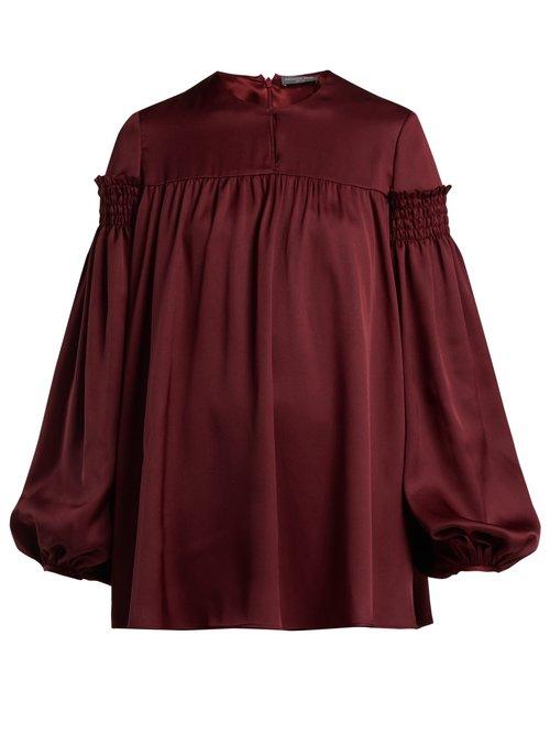 Matchesfashion.com Alexander Mcqueen - Smocked Silk Satin Blouse - Womens - Burgundy