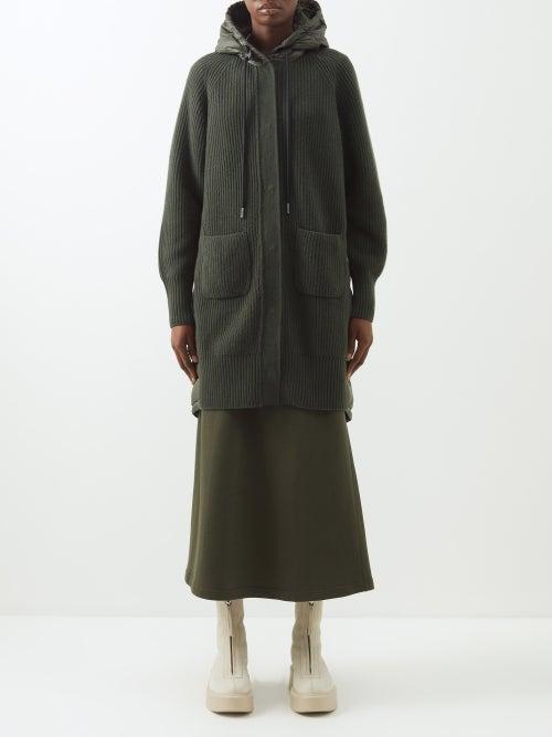 Moncler - Padded Ribbed-wool Hooded Cardigan - Womens - Khaki
