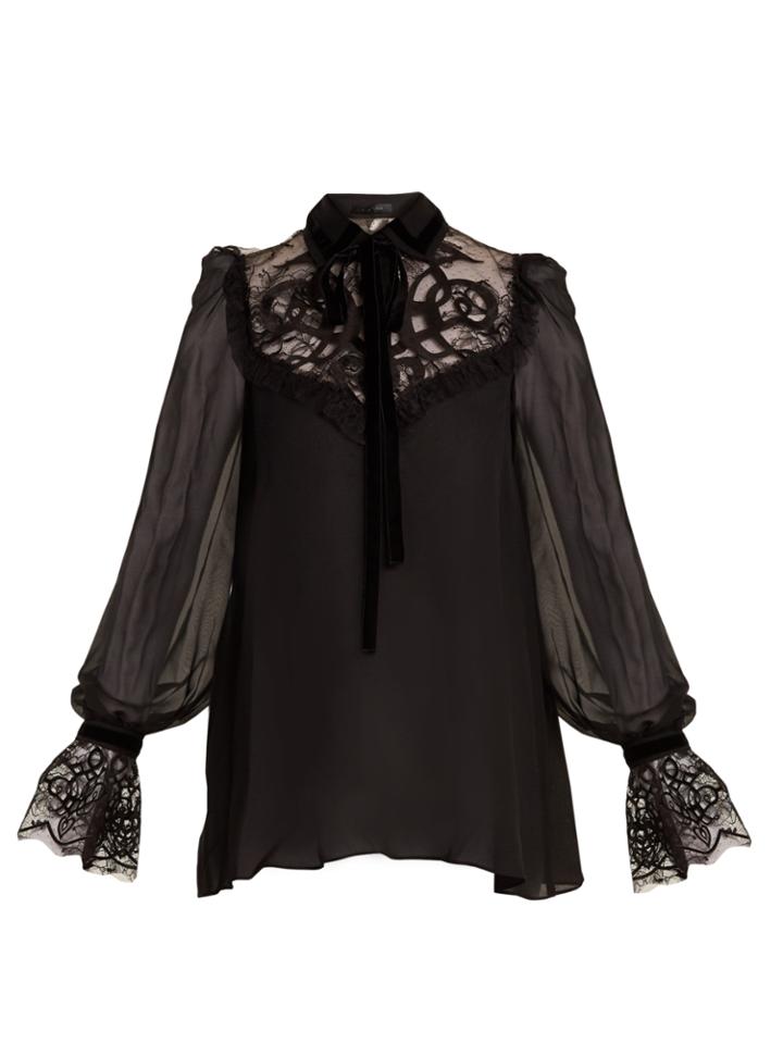 Elie Saab Velvet-embroidered Lace-insert Georgette Blouse