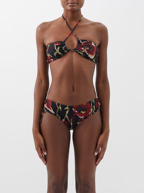 Norma Kamali - Jason Floral-print Halterneck Bikini Top - Womens - Black Red