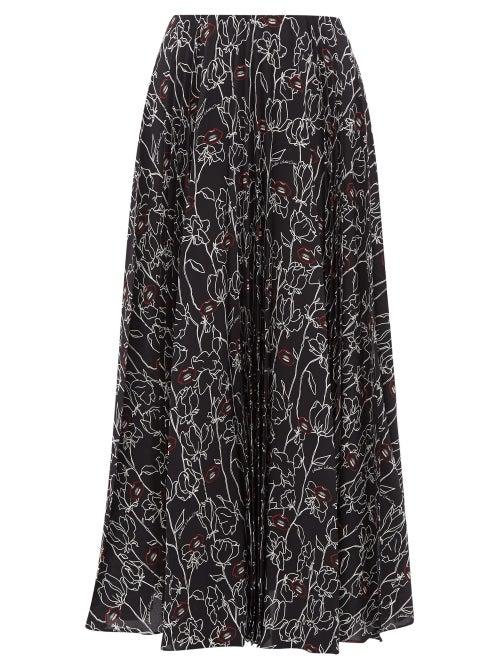 Matchesfashion.com Valentino - Pleated Floral Print Silk Crepe Midi Skirt - Womens - Black Multi