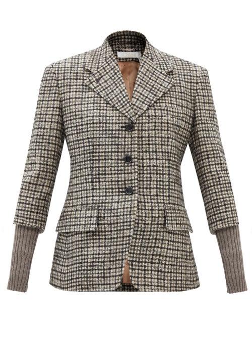 Chlo - Ribbed-cuff Check Wool-blend Jacket - Womens - Khaki
