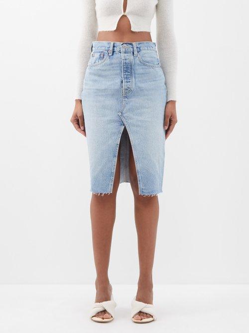 Re/done - Front-slit Denim Midi Skirt - Womens - Light Indigo