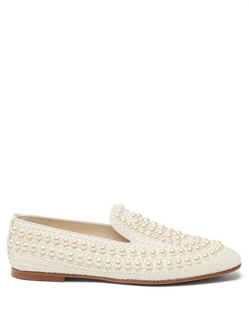 Ladies Shoes Jimmy Choo - Varsha Pearl-embellished Satin Loafers - Womens - White