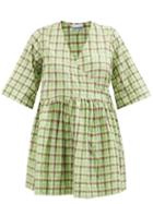 Ganni - Checked Organic-cotton Blend Seersucker Mini Dress - Womens - Green Multi