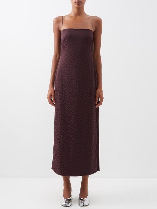 Raey - Leopard-jacquard Straight-neck Slip Dress - Womens - Burgundy