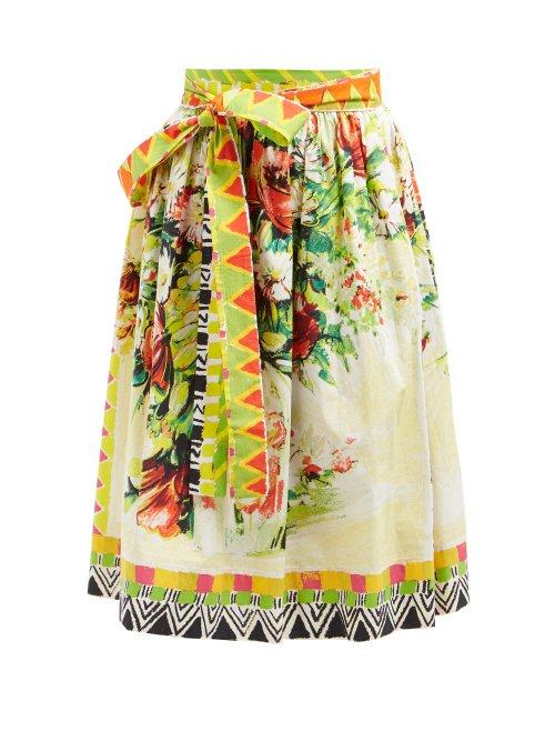 Matchesfashion.com Prada - Floral Print Cotton Poplin Midi Skirt - Womens - Yellow Multi