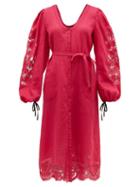 Matchesfashion.com Vita Kin - Broderie Anglaise Linen Midi Dress - Womens - Pink