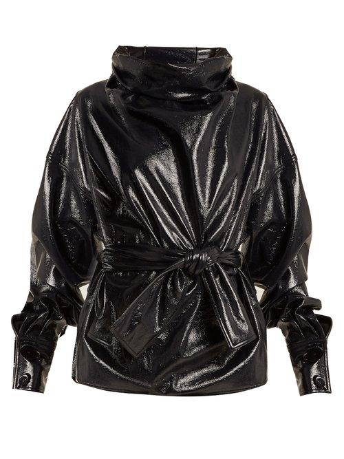 Matchesfashion.com Wanda Nylon - Funnel Neck Tie Waist Coated Cotton Blend Top - Womens - Navy