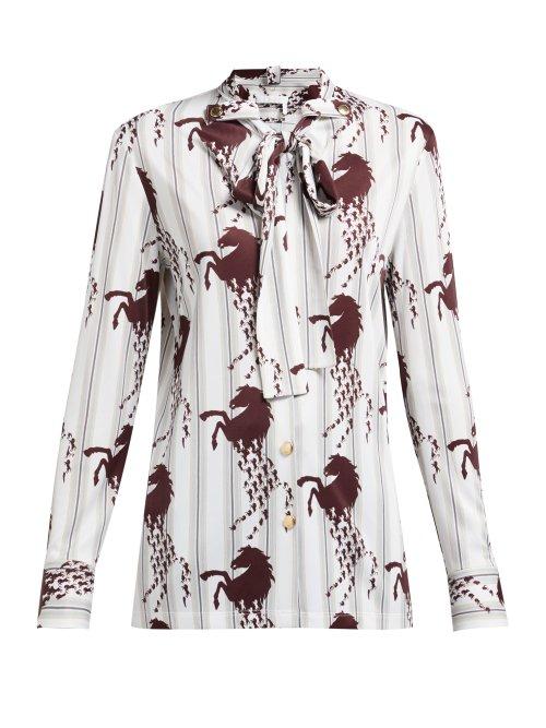 Matchesfashion.com Chlo - Little Horses Print Pussybow Blouse - Womens - Brown Multi