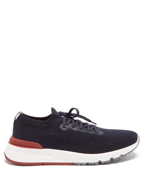Brunello Cucinelli - Leather-trim Knit Trainers - Mens - Blue