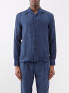 120 Lino 120% Lino - Cuban-collar Linen Shirt - Mens - Navy