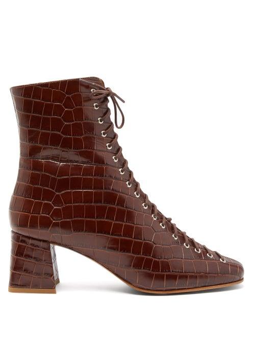 Matchesfashion.com By Far - Becca Lace Up Crocodile Effect Leather Ankle Boots - Womens - Dark Brown
