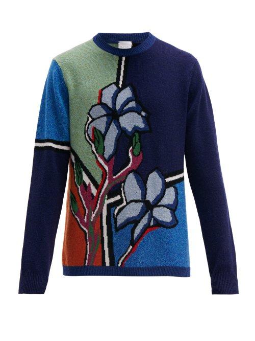 Matchesfashion.com Paul Smith - Floral Intarsia Lambswool Sweater - Mens - Blue Multi