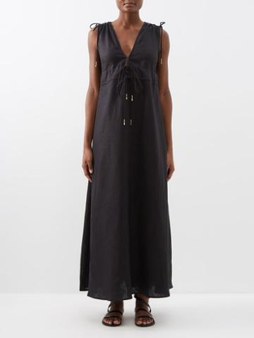 Staud - Kendra Ruched Linen Maxi Dress - Womens - Black