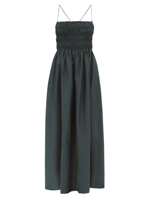 Matteau - Shirred Organic Cotton-blend Dress - Womens - Emerald