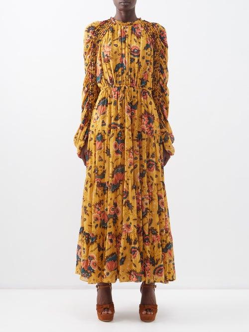Ulla Johnson - Noelle Ruched Floral-print Chiffon Maxi Dress - Womens - Yellow Multi
