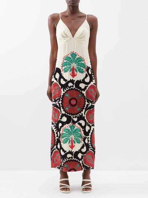 Johanna Ortiz - Souzani-embroidered Silk Crepe De Chine Slip Dress - Womens - Cream Multi