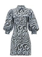 Matchesfashion.com Ganni - Puff-sleeve Zebra-print Cotton Dress - Womens - Blue Multi