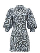 Matchesfashion.com Ganni - Puff-sleeve Zebra-print Cotton Dress - Womens - Blue Multi
