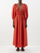 Matteau - Plunge-neck Gathered Organic-cotton Maxi Dress - Womens - Copper