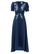 Matchesfashion.com Saloni - Lea Floral-embroidered Silk-crepe Midi Dress - Womens - Navy Multi