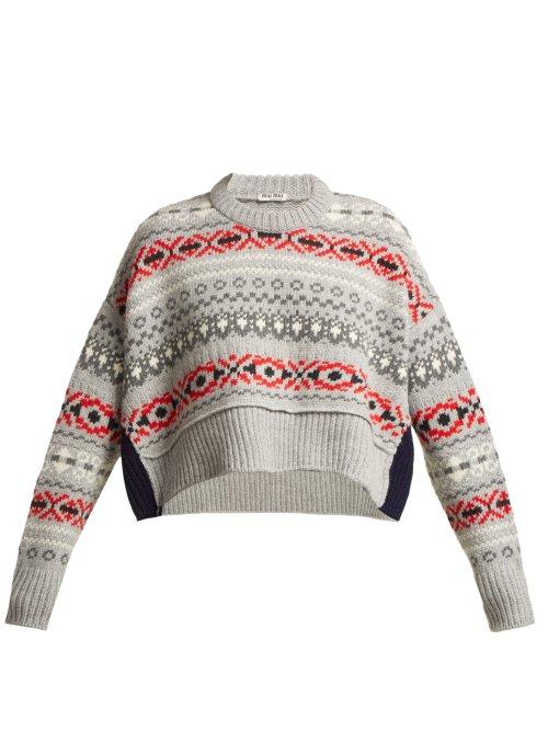 Matchesfashion.com Miu Miu - Cropped Fair Isle Wool Sweater - Womens - Grey