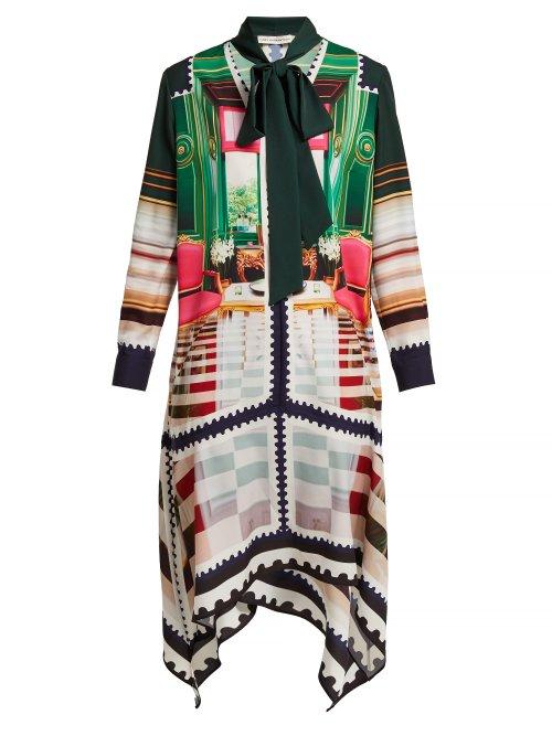 Matchesfashion.com Mary Katrantzou - Stamp Print Silk Satin Dress - Womens - Green Multi