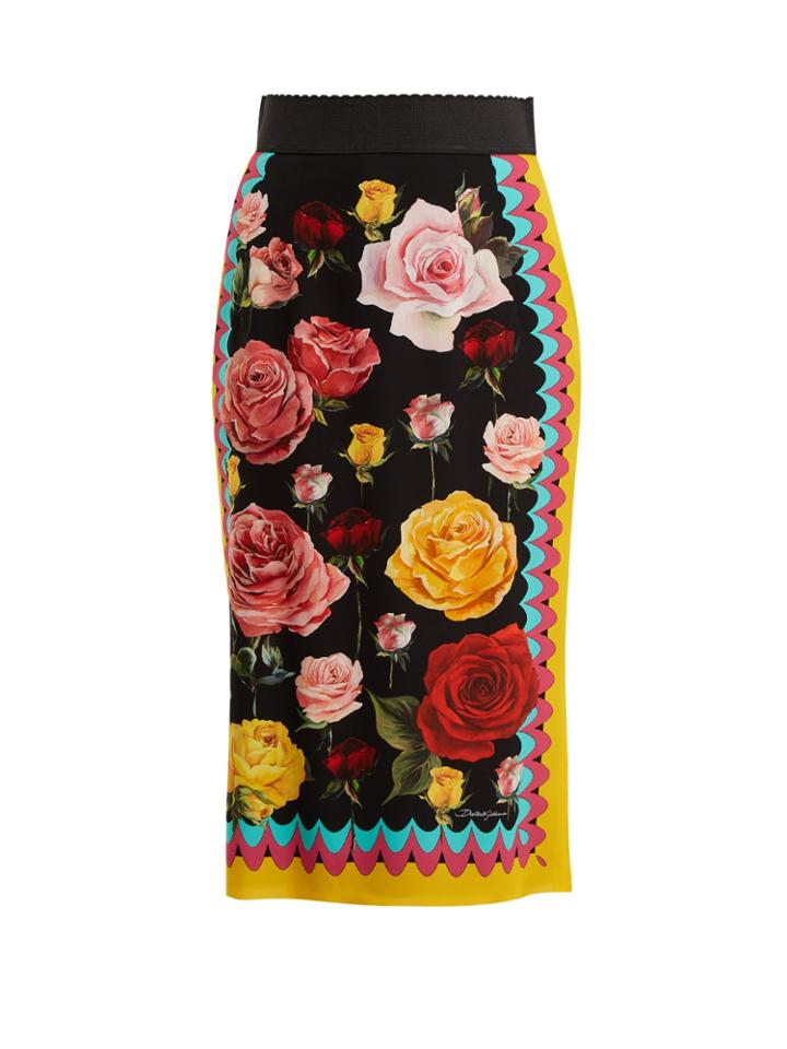 Dolce & Gabbana Rose-print Stretch Silk-blend Skirt