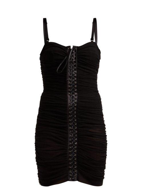 Matchesfashion.com Dolce & Gabbana - Ruched Tulle Lace Up Corset Dress - Womens - Black