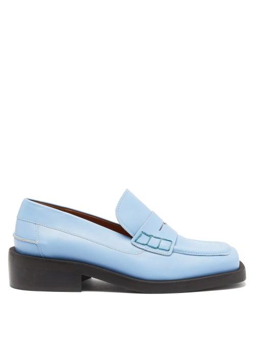 Ganni - Square-toe Leather Penny Loafers - Womens - Light Blue