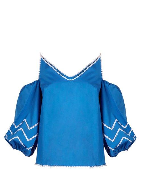 Matchesfashion.com Anna October - Ric Rac Cotton Poplin Top - Womens - Blue