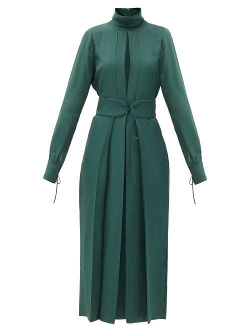 Matchesfashion.com Victoria Beckham - Front-slit Belted Satin-twill Dress - Womens - Dark Green