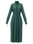 Matchesfashion.com Victoria Beckham - Front-slit Belted Satin-twill Dress - Womens - Dark Green