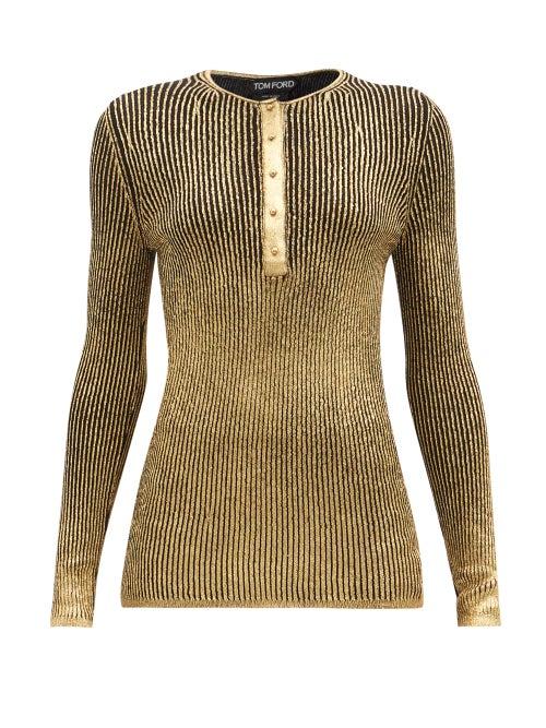 Tom Ford - Laminated Ribbed Cashmere-blend Henley Top - Womens - Gold