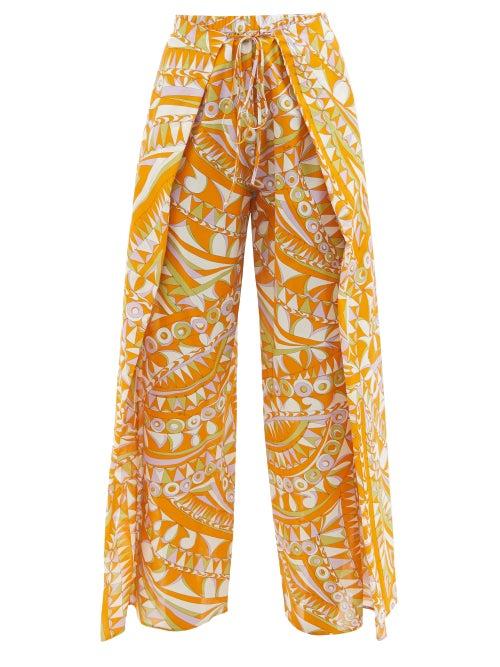 Emilio Pucci - Waist-tie Abstract-print Voile Trousers - Womens - Orange Print