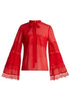 Matchesfashion.com Giambattista Valli - Tie Neck Lace Trimmed Silk Georgette Blouse - Womens - Red