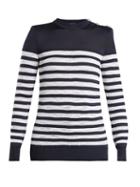 Matchesfashion.com Balmain - Button Shoulder Crew Neck Striped Sweater - Womens - Blue White