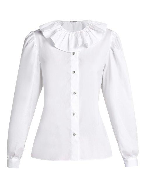 Matchesfashion.com Miu Miu - Ruffled Collar Cotton Poplin Blouse - Womens - White